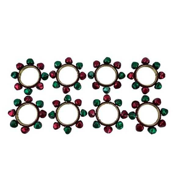 8 Christmas Jingle Bell Napkin Ring Red and Green Holiday Table Decor Red Metal - Picture 1 of 2